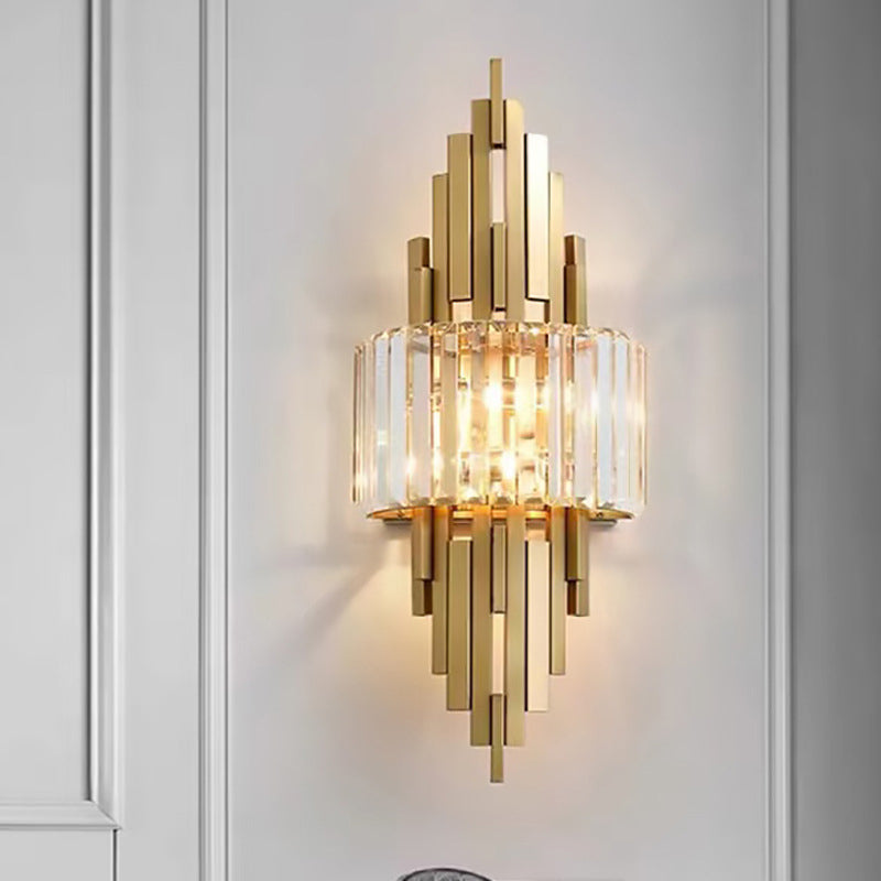 Zeitgenössische Luxus Metall Hardware Kristall Zylinder Streifen Rhombischen 2-Licht Wand Leuchte Lampe Für Wohnzimmer 