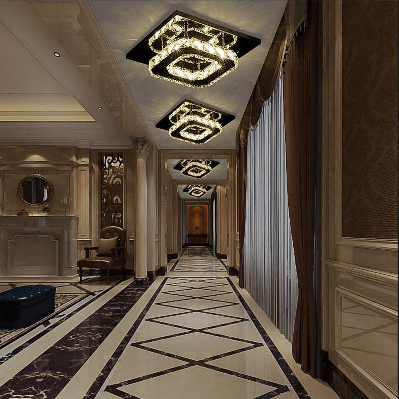 Lustre carré contemporain en acier inoxydable de luxe avec décoration en cristal LED pour plafond encastré pour salon 