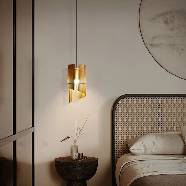 Traditional Japanese Wood Cylinder Beveled 1-Light Pendant Light For Dining Room