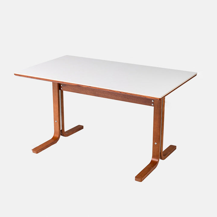 Table de salle à manger rectangulaire contemporaine rétro avec pieds incurvés en ardoise, bois et fer pour 4 places 