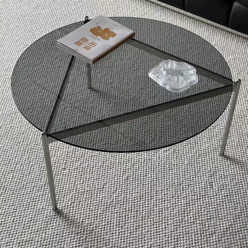 Modern Minimalist Round Triangle Tempered Glass Stainless Steel Coffee Table 1-Tier For Living Room