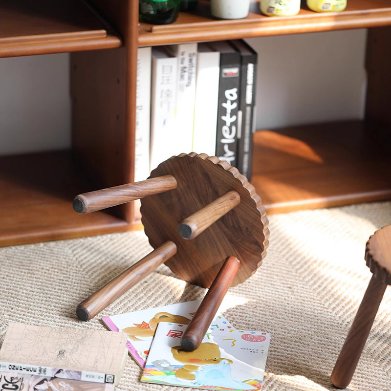 Contemporary Creative Round Cookie-Shaped Black Walnut Solid Wood Kids Low Stool For Living Room