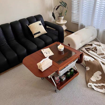 Mesa de café rectangular contemporánea retro de madera, vidrio y metal con 3 almacenamientos para la sala de estar 