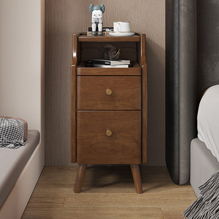 Moderner minimalistischer schmaler rechteckiger Nachttisch aus Holz mit 2 Schubladen für das Schlafzimmer 