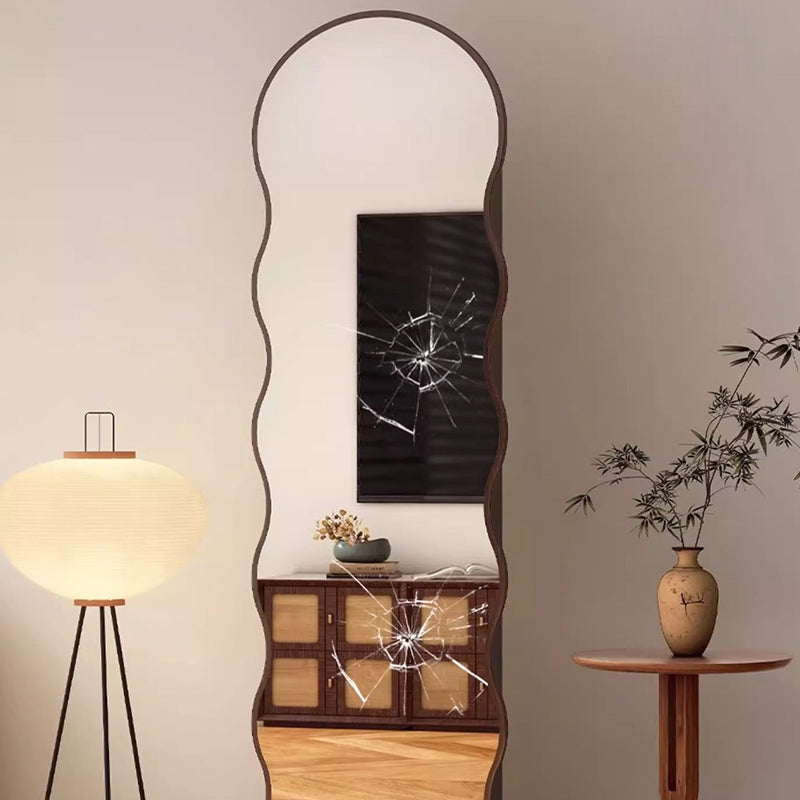 Contemporary Scandinavian Wavy Particle Wood Glass Full-Length Mirror Bookshelf 5-Tier For Bedroom