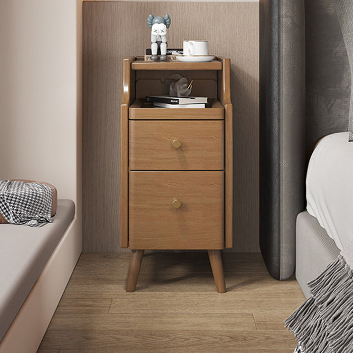 Moderner minimalistischer schmaler rechteckiger Nachttisch aus Holz mit 2 Schubladen für das Schlafzimmer 