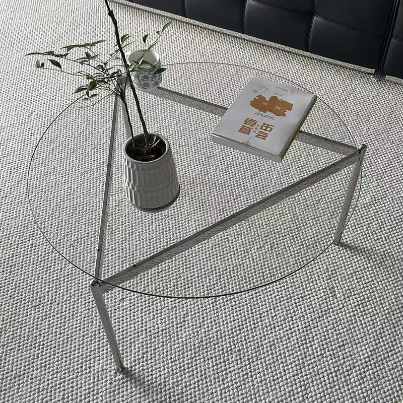 Modern Minimalist Round Triangle Tempered Glass Stainless Steel Coffee Table 1-Tier For Living Room