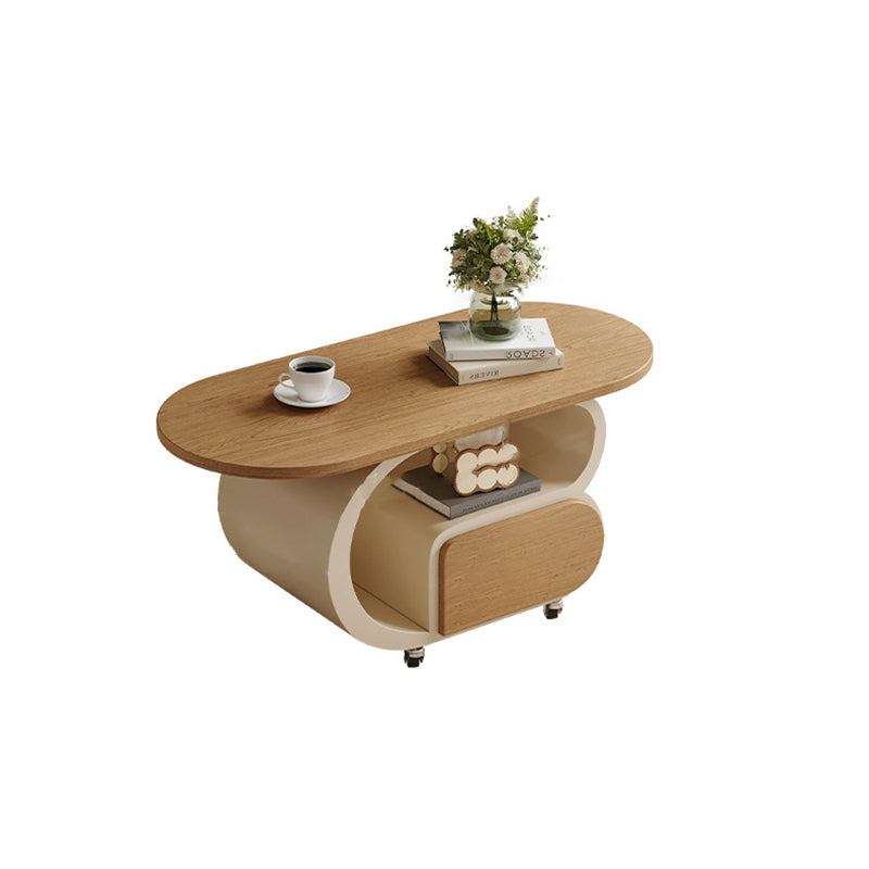 Contemporary Scandinavian Oval Multi-Layer Solid Wood Carbon Steel Movable Side Table 1-Drawer For Living Room