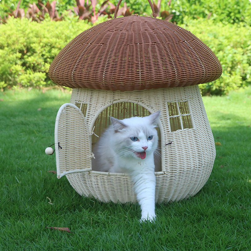 Zeitgenössisches kreatives rundes PP-Rattan handgewebtes pilzförmiges Katzenbett für draußen &amp; Schlafzimmer 