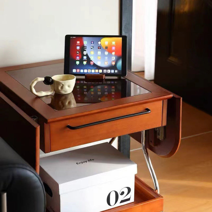 Table basse contemporaine rétro rectangulaire en bois, verre et métal avec 3 rangements pour salon 