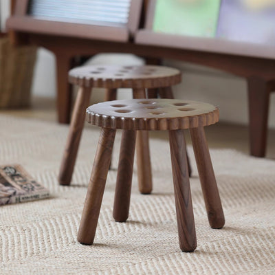 Contemporary Creative Round Cookie-Shaped Black Walnut Solid Wood Kids Low Stool For Living Room