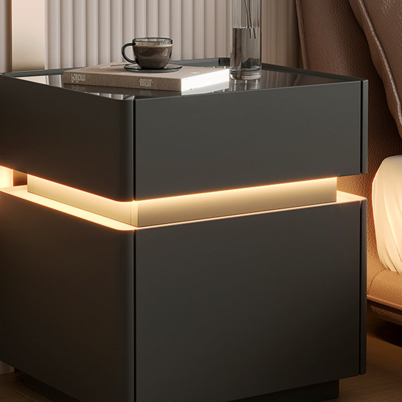 Modern Minimalist Rectangular Glass Microfiber Leather Solid Wood Nightstand 3-Drawer For Bedroom