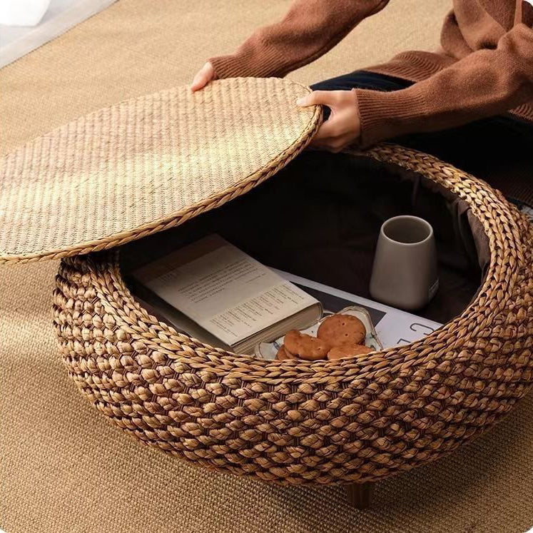 Traditional Japanese Round Rattan Mat Side Table Solid Wood Frame Side Table 1-Storage For Living Room