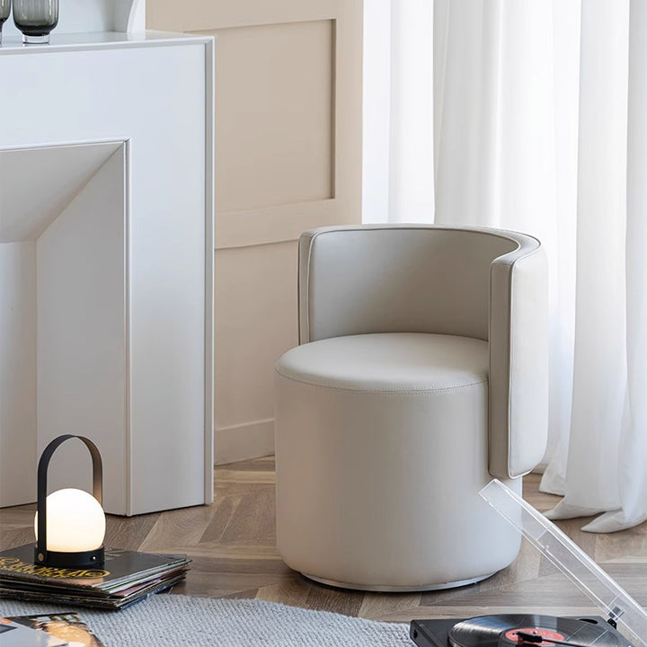Moderner minimalistischer drehbarer zylindrischer Hocker aus Mikrofaserleder, Aluminiumlegierung und Holz, Rückenlehne ohne Armlehnen für das Schlafzimmer 