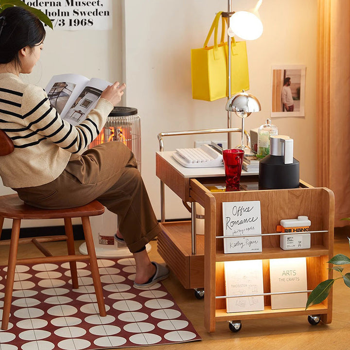 Zeitgenössischer japanischer abnehmbarer rechteckiger Massivholz-Beistelltisch 2-stufig für Wohnzimmer 