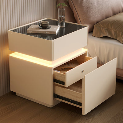 Modern Minimalist Rectangular Glass Microfiber Leather Solid Wood Nightstand 3-Drawer For Bedroom