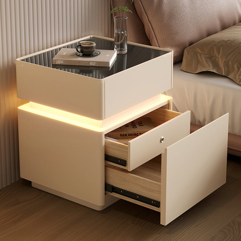 Modern Minimalist Rectangular Glass Microfiber Leather Solid Wood Nightstand 3-Drawer For Bedroom