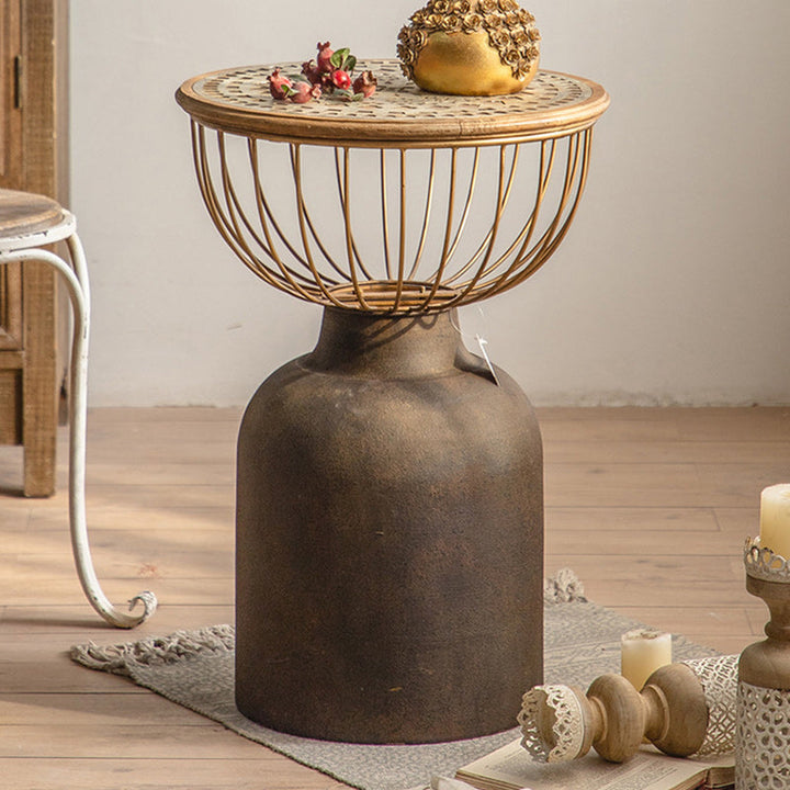 Traditional Vintage Round Half Column Wood Metal Coffee Table 1-Tier For Living Room