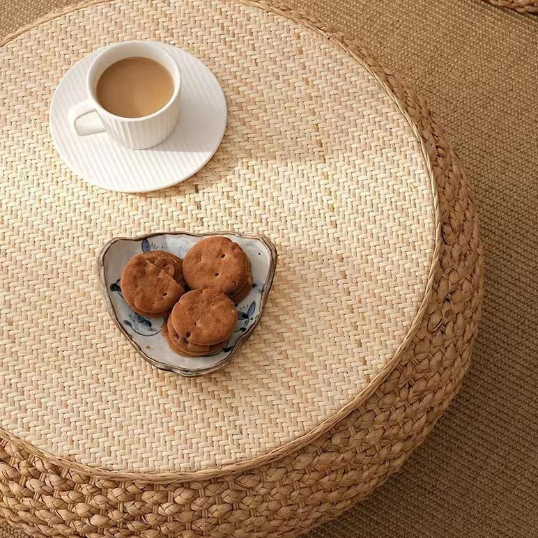 Traditional Japanese Round Rattan Mat Side Table Solid Wood Frame Side Table 1-Storage For Living Room