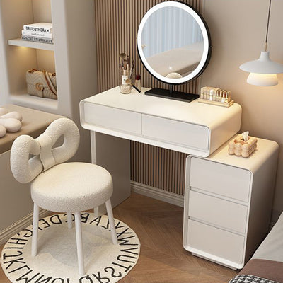 Modern Minimalist Rectangular Cat's Paw Leather Solid Wood Glass Makeup Vanity 5-Drawer For Bedroom