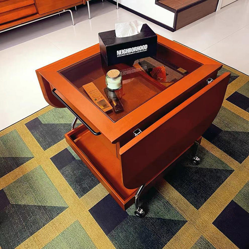 Mesa de café rectangular contemporánea retro de madera, vidrio y metal con 3 almacenamientos para la sala de estar 