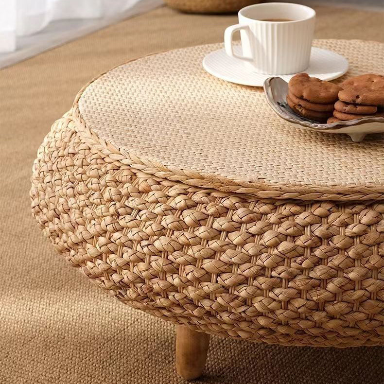 Traditional Japanese Round Rattan Mat Side Table Solid Wood Frame Side Table 1-Storage For Living Room