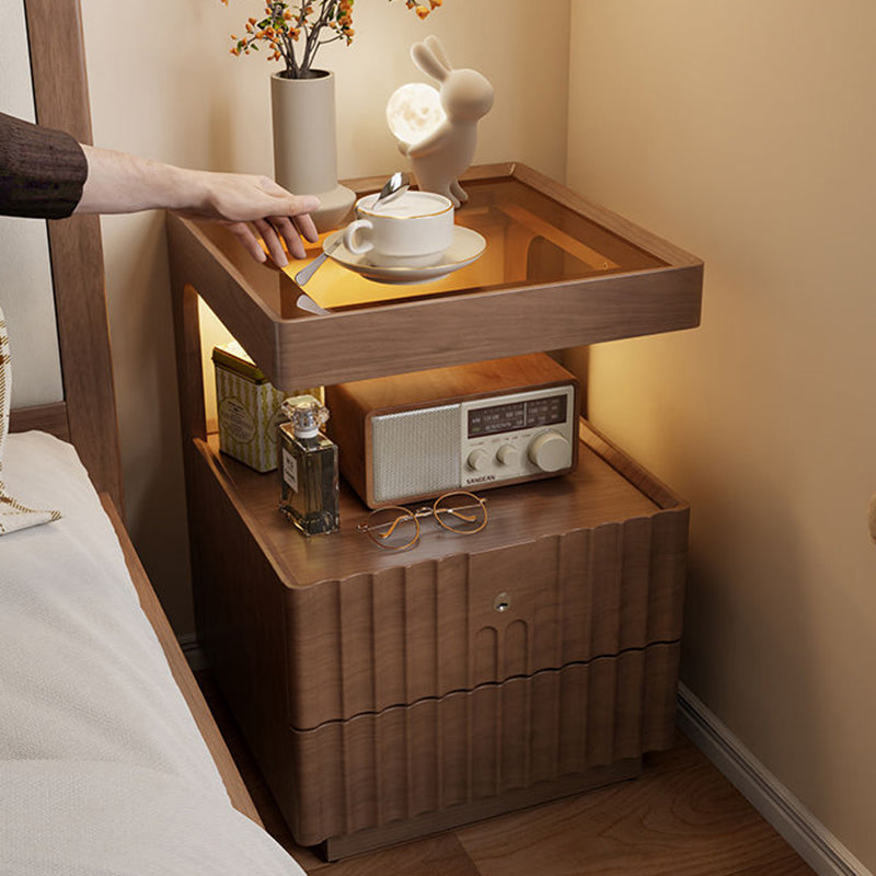 Contemporary Nordic Rectangular Rubberwood Pine Wood Tempered Glass Zinc Alloy Nightstand 2-Drawer For Bedroom