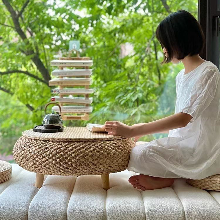 Traditional Japanese Round Rattan Mat Side Table Solid Wood Frame Side Table 1-Storage For Living Room