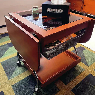 Mesa de café rectangular contemporánea retro de madera, vidrio y metal con 3 almacenamientos para la sala de estar 