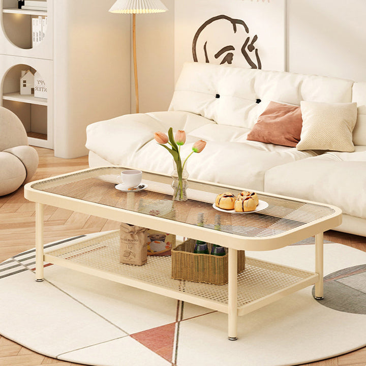 Moderner minimalistischer rechteckiger Glas-Kohlenstoffstahl-Couchtisch mit 2 Ebenen für das Wohnzimmer 