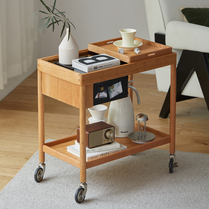 Mesa de café rectangular de vidrio y madera escandinava contemporánea de 2 niveles para sala de estar 