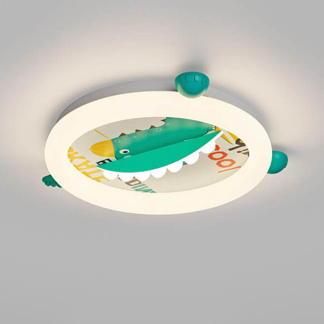 Contemporary Creative Kids Round Dinosaur Iron Acrylic Plastic LED Ceiling Light For Bedroom