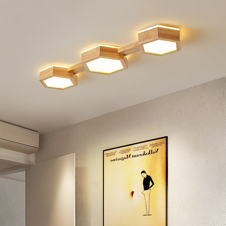 Plafonnier à montage affleurant LED en acrylique et bois hexagonal traditionnel japonais pour salon 
