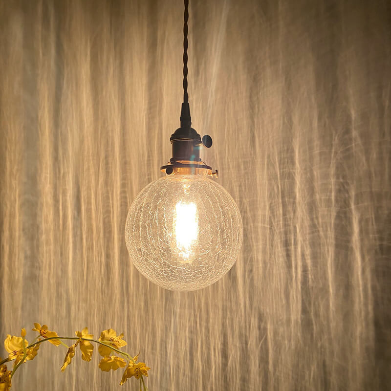 Traditional Vintage Round Crackle Glass Brass Iron 1-Light Pendant Light for Living Room