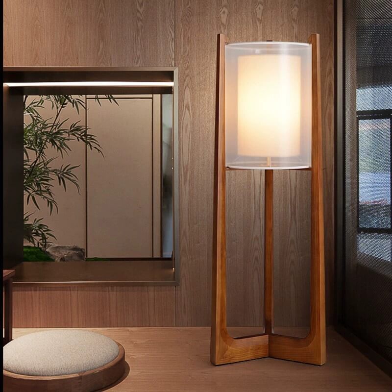 Traditional Japanese Solid Wood Brass Fabric Column 1-Light Standing Floor Lamp For Living Room And Bedroom
