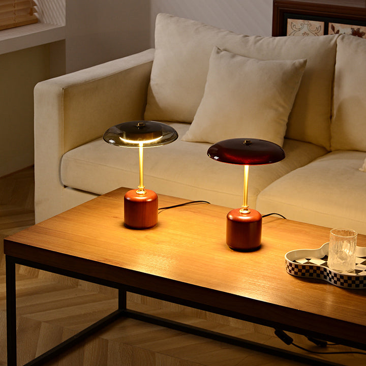 Lámpara de Mesa LED Cilíndrica Redonda de Latón Retro Contemporáneo con Madera y Vidrio para la Mesita de Noche 