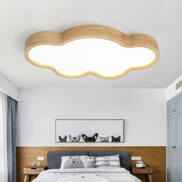 Scandinavian Modern Minimalist Clouds Stars Rubber Wood Acrylic LED Flush Mount Ceiling Light