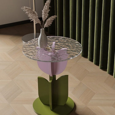 Table basse de salon contemporaine avec plateau en verre ondulé et design tulipe 