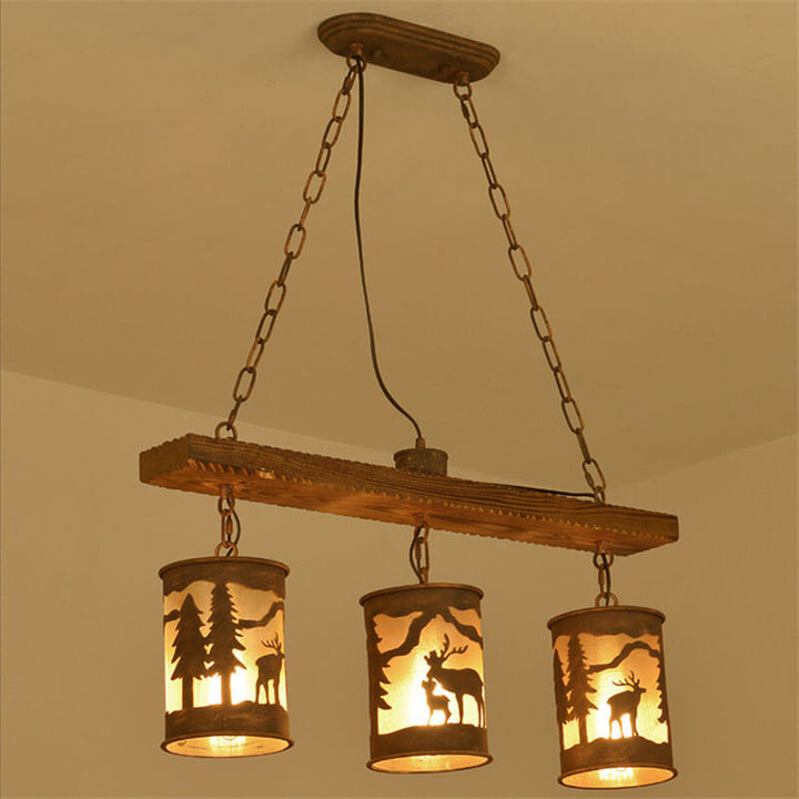Industrielle Retro Kreative Lange Streifen Holz Zylinder Lampenschirm 3/5-Licht Kronleuchter 