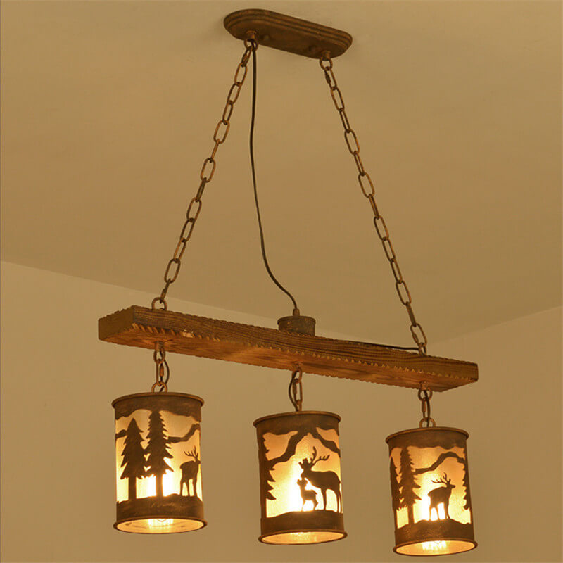 Industrial Retro Creative Long Strip Wood Cylinder Lampshade 3/5-Light Chandelier