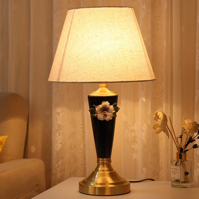 Vintage European Ceramic Floral Pleated Fabric 1-Light Table Lamp