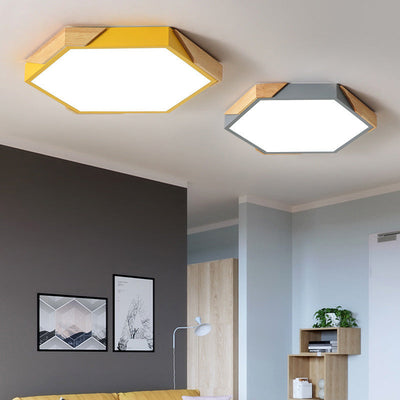 Zeitgenössische skandinavische sechseckige Holzmaserung Eisen LED Unterputz Deckenleuchte für Schlafzimmer 