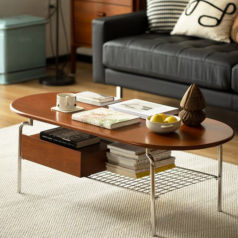 Table basse contemporaine rétro elliptique en bois de pin, bois de cerisier et acier inoxydable à 2 niveaux pour le salon 