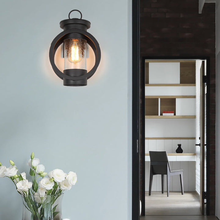 Zeitgenössische industrielle runde zylindrische Eisenglas-1-Licht-Wandleuchterlampe für die Terrasse im Freien 
