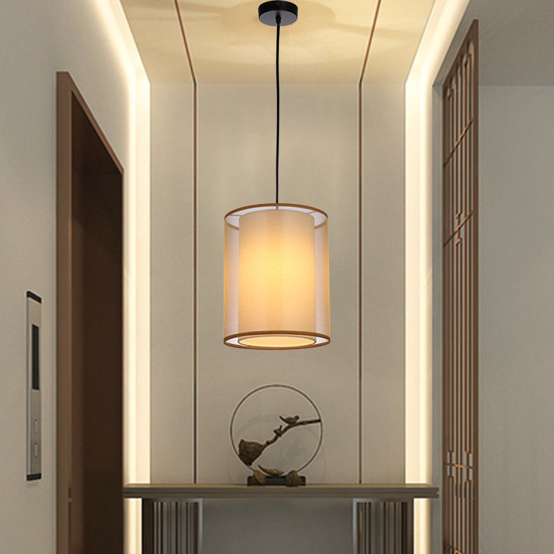 Traditional Chinese Double Round Iron Fabric 1-Light Pendant Light For Living Room
