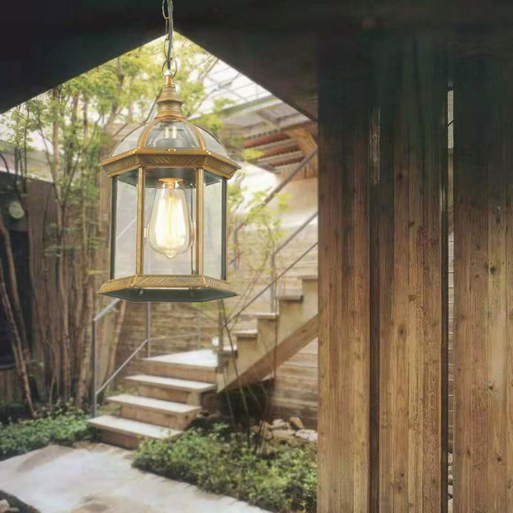 Lanterne suspendue extérieure moderne minimaliste à colonne hexagonale en aluminium et verre avec 1 lumière pour jardin 