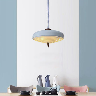 Suspension Luminaire Contemporain en Bois Massif Nordique avec Soucoupe Volante en Fer à 1 Lumière pour Salle à Manger 