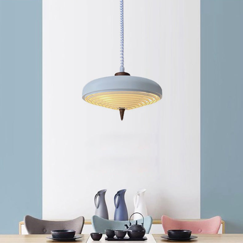 Suspension Luminaire Contemporain en Bois Massif Nordique avec Soucoupe Volante en Fer à 1 Lumière pour Salle à Manger 