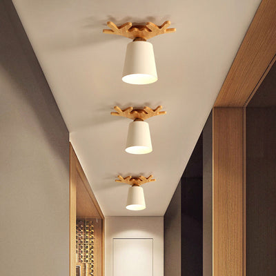 Modern Minimalist Antler Solid Wood Iron 1-Light Flush Mount Ceiling Light For Hallway