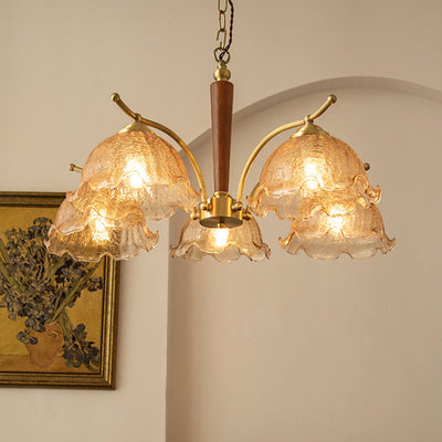 Traditional Vintage Petals All Copper Log Glass 3/5 Light Chandelier For Living Room